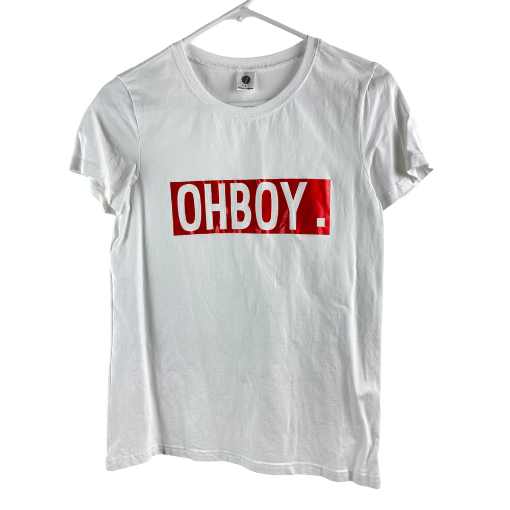 Y Womens OH BOY White Cotton T-shirt Small